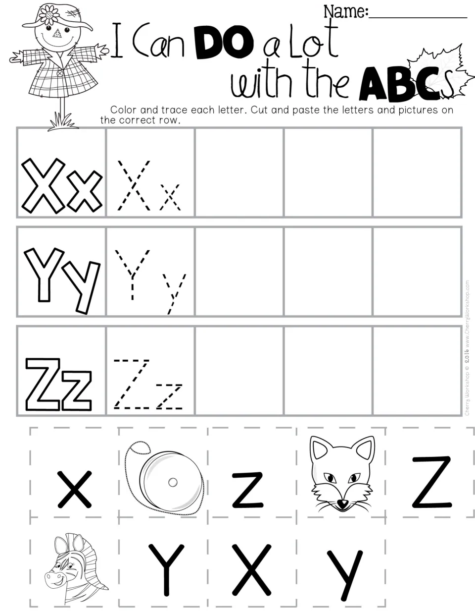 Letters X, Y and Z: students trace each letter and sort cut-out letters with fox, yo-yo and zebra pictures onto rows