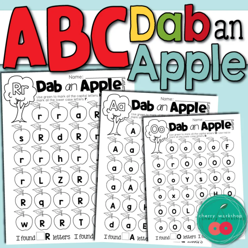 ABC Dab an Apple cover showing sample letter pages for Rr, Aa and Oo where children mark capital and lowercase letters