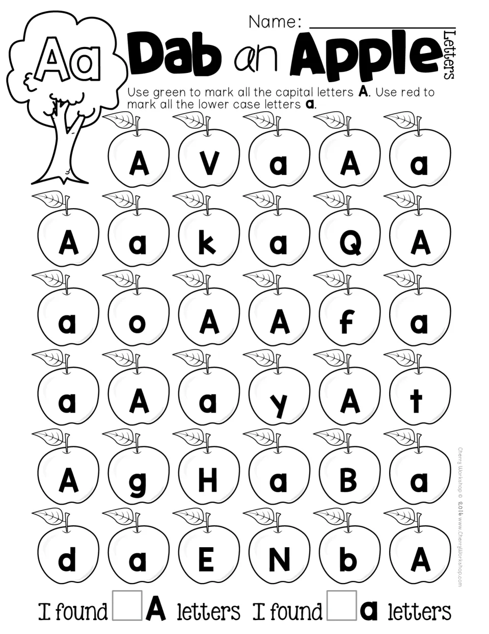 Letter Aa recognition: students dab capital A apples green and lowercase a red, then write how many of each they found