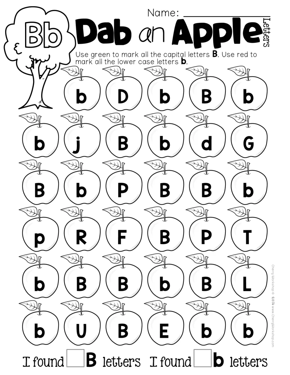 Letter Bb hunt: children color capital B green and lowercase b red among apples mixed with d, p and P, then tally both
