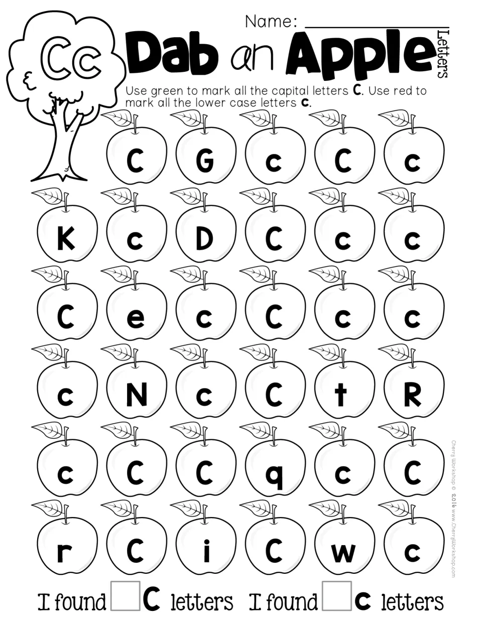 Letter Cc spotting: learners mark uppercase C in green and lowercase c in red on 35 lettered apples and record the counts