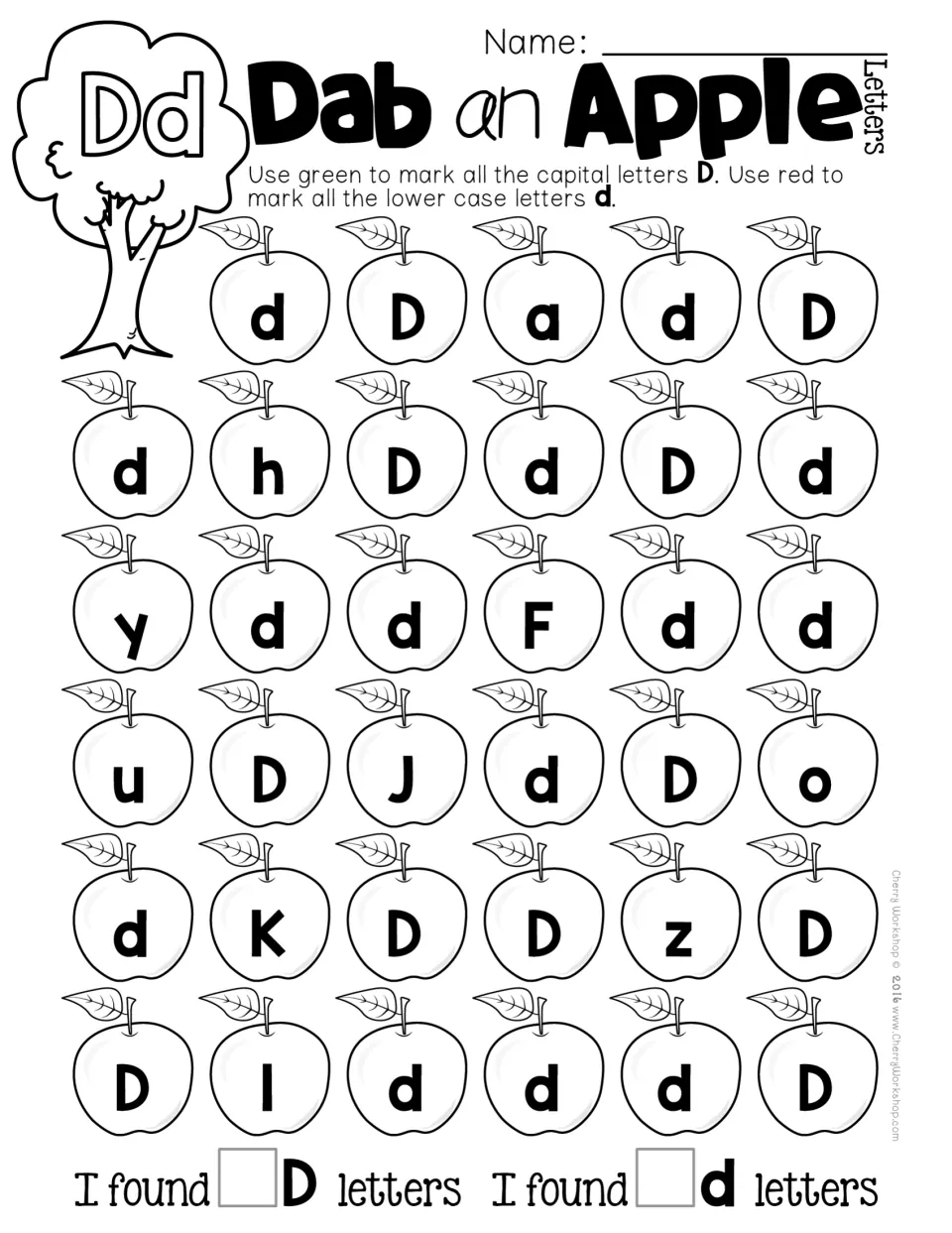 Letter Dd identification: students find capital D (green) and small d (red) among distractor letters on apples, then count