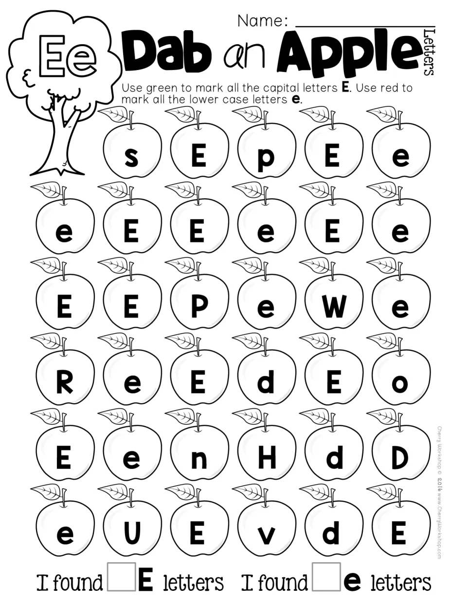 Letter Ee search: kids dab every capital E green and every lowercase e red, telling them apart from P, W, d and o