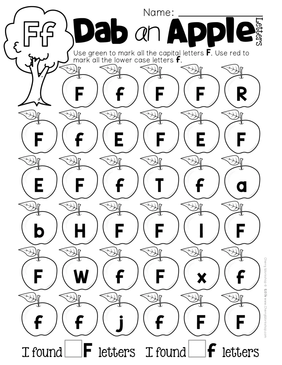 Letter Ff practice: students mark uppercase F green and lowercase f red while skipping look-alikes like E and T, then tally