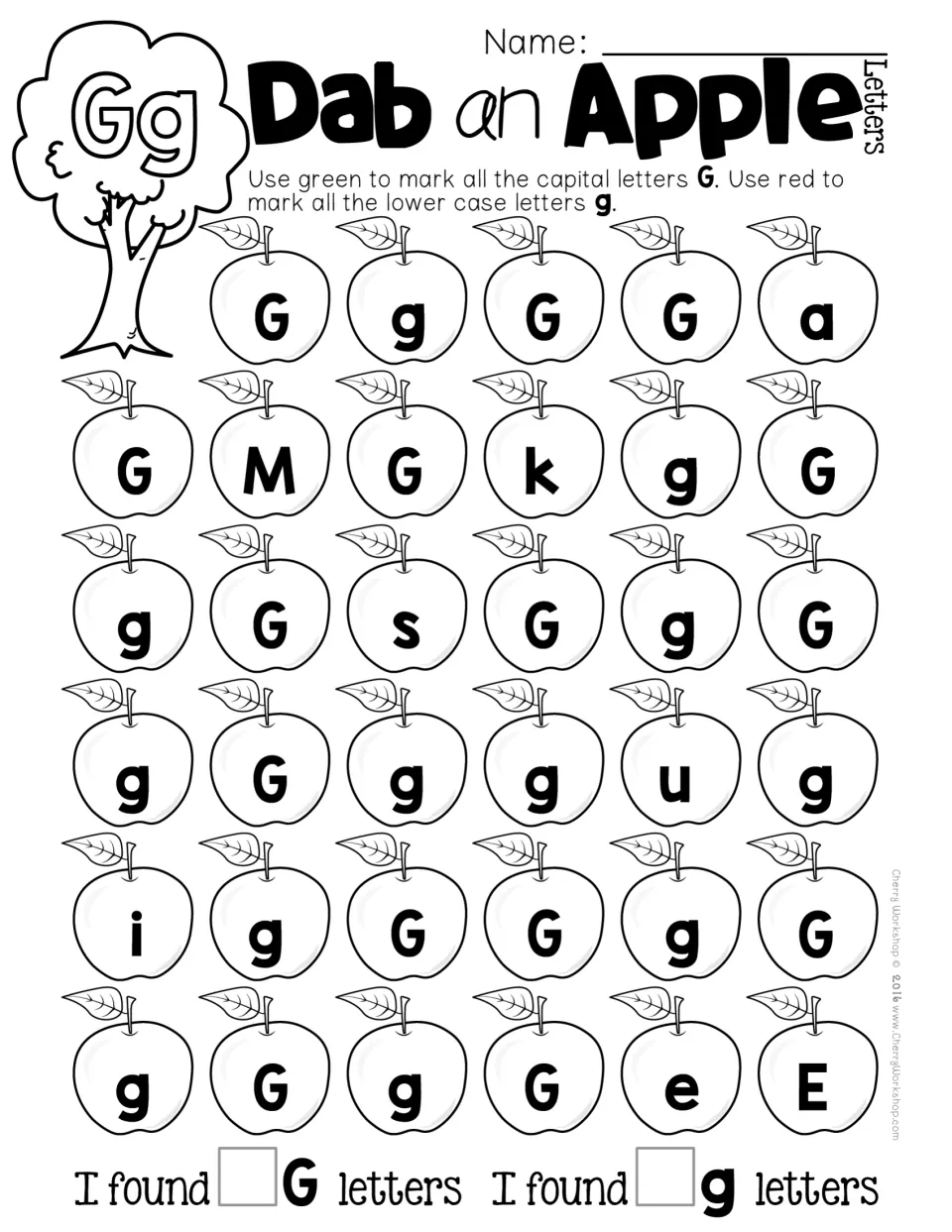 Letter Gg discrimination: children color capital G green and lowercase g red among apples, then write totals for each case
