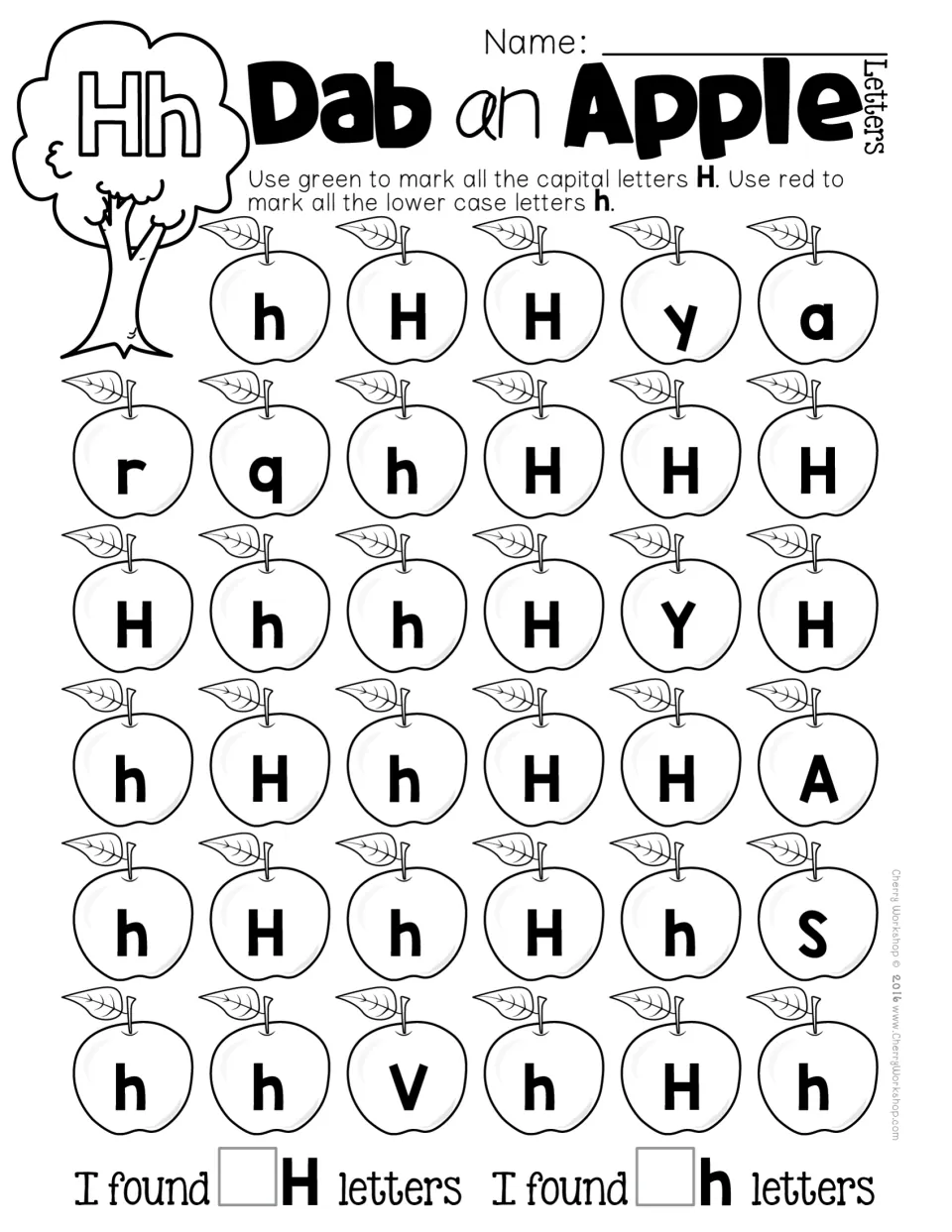 Letter Hh scan: learners find big H and little h on the apples, dabbing them green and red, and avoid Y, y, A and S