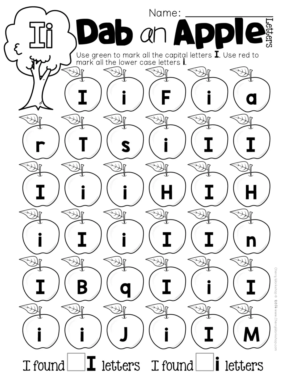 Letter Ii recognition: students dab capital I green and lowercase i red, separating them from T, J and H, then record counts
