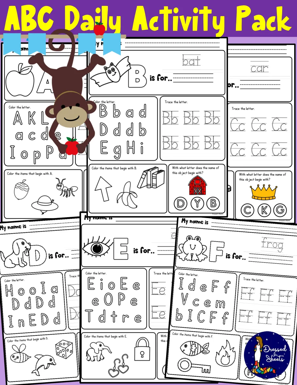 ABC Daily Activity Pack cover: letter pages A to F shown, each with letter coloring, tracing and beginning-sound pictures