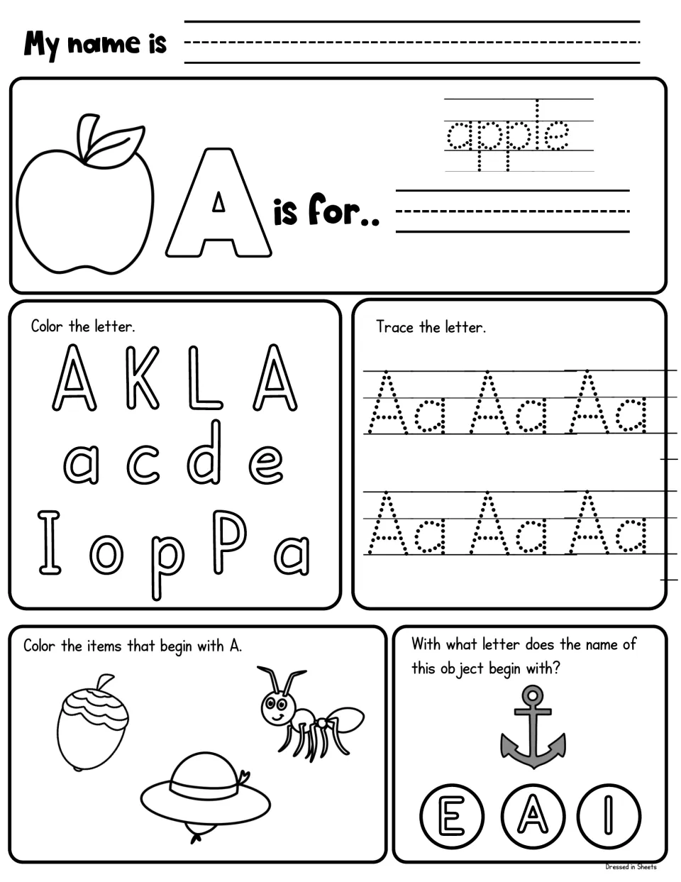 Letter A: students trace apple and Aa, color each A, color the acorn, ant and hat, and pick the first letter of anchor