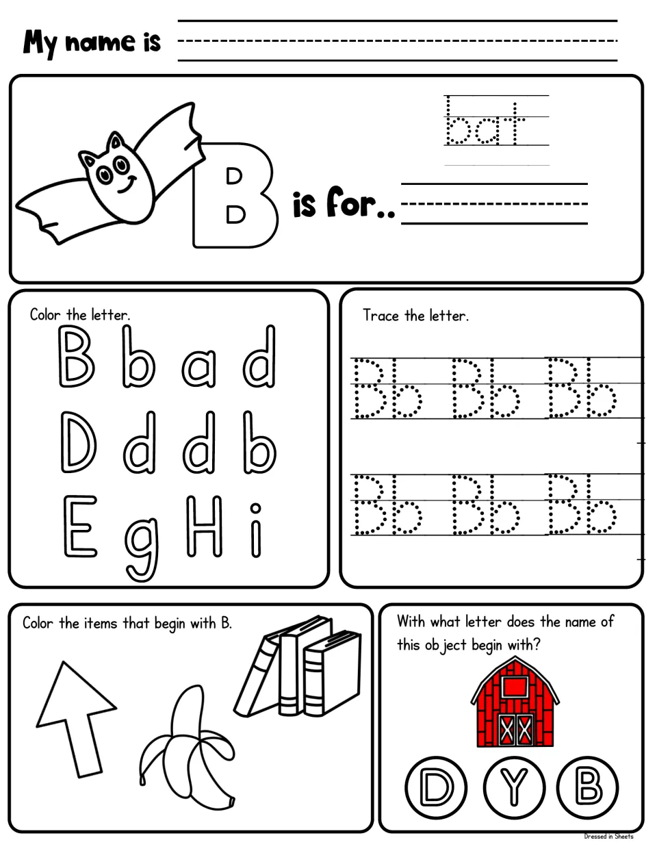 Letter B: students trace bat and Bb, find B among b and d, color the books, banana and arrow, and name barn's first letter