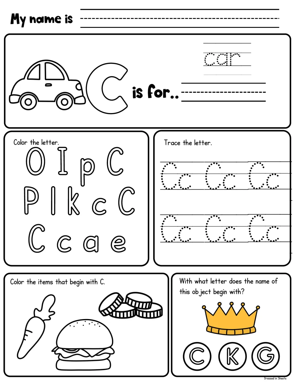 Letter C: students trace car and Cc, color each C, color the carrot, coins and burger, and pick the first letter of crown