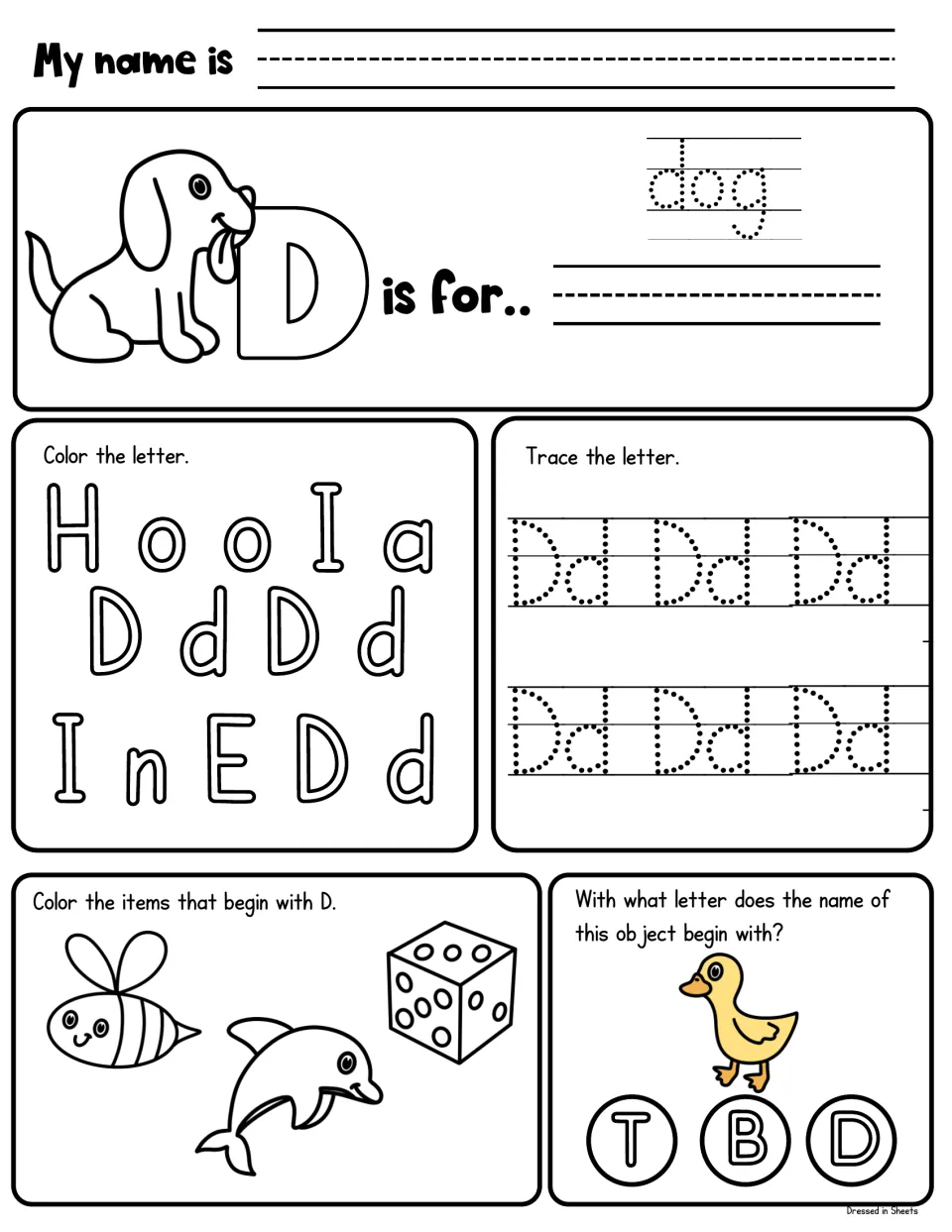 Letter D: students trace dog and Dd, color each D, color the dice, dolphin and bee, and choose the first letter of duck