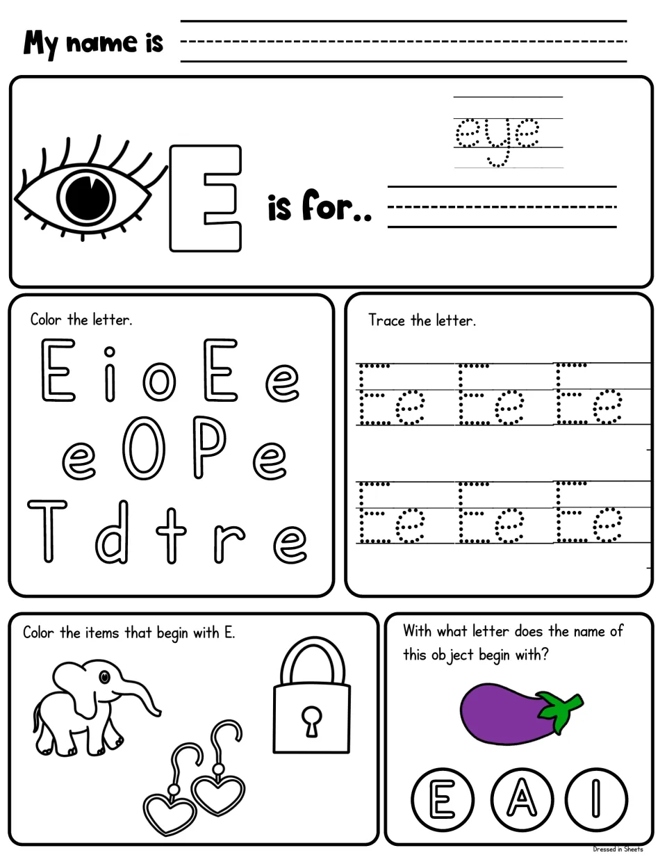 Letter E: students trace eye and Ee, color each E, color the elephant, earrings and lock, and pick eggplant's first letter