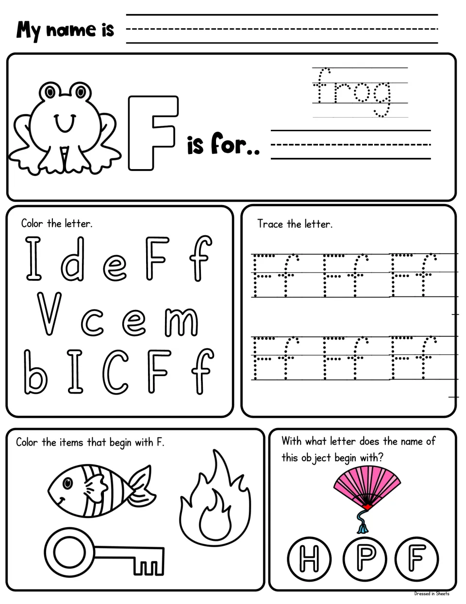 Letter F: students trace frog and Ff, color each F, color the fish, fire and key, and choose the first letter of a fan