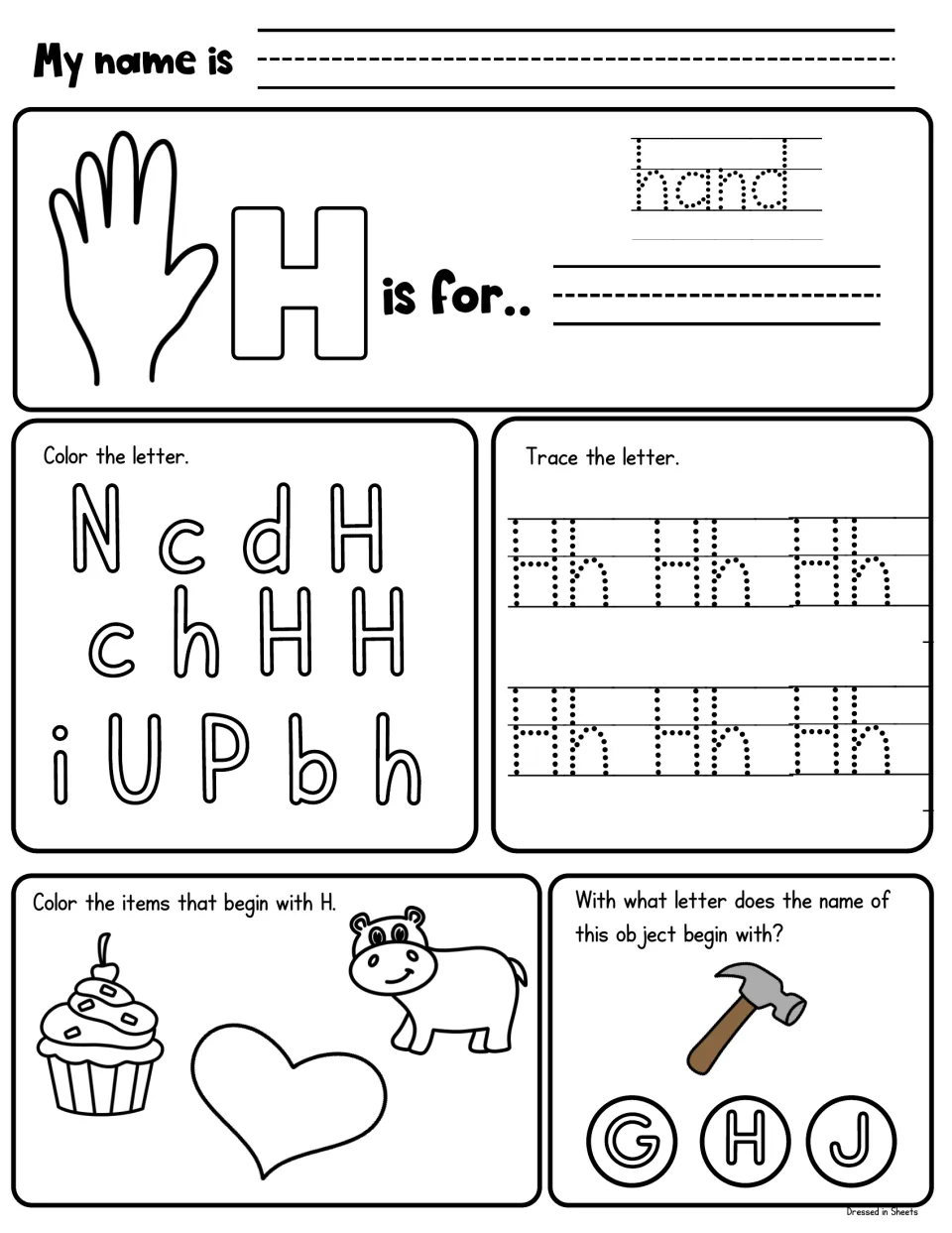 Letter H: students trace hand and Hh, color each H, color hippo, heart and cupcake, and name the first letter of hammer