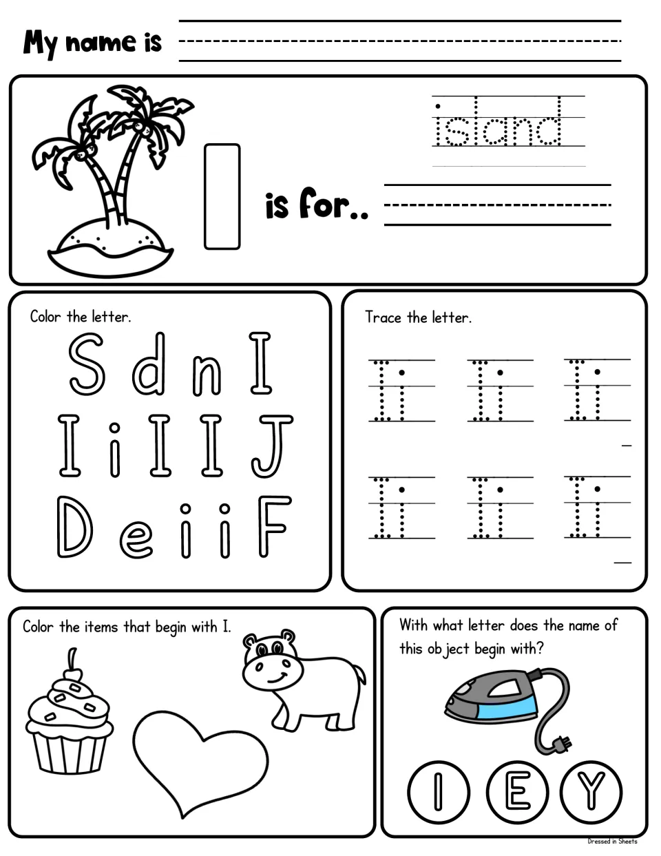 Letter I: students trace island and Ii, color each I, check a cupcake, heart and hippo, and choose the first letter of iron