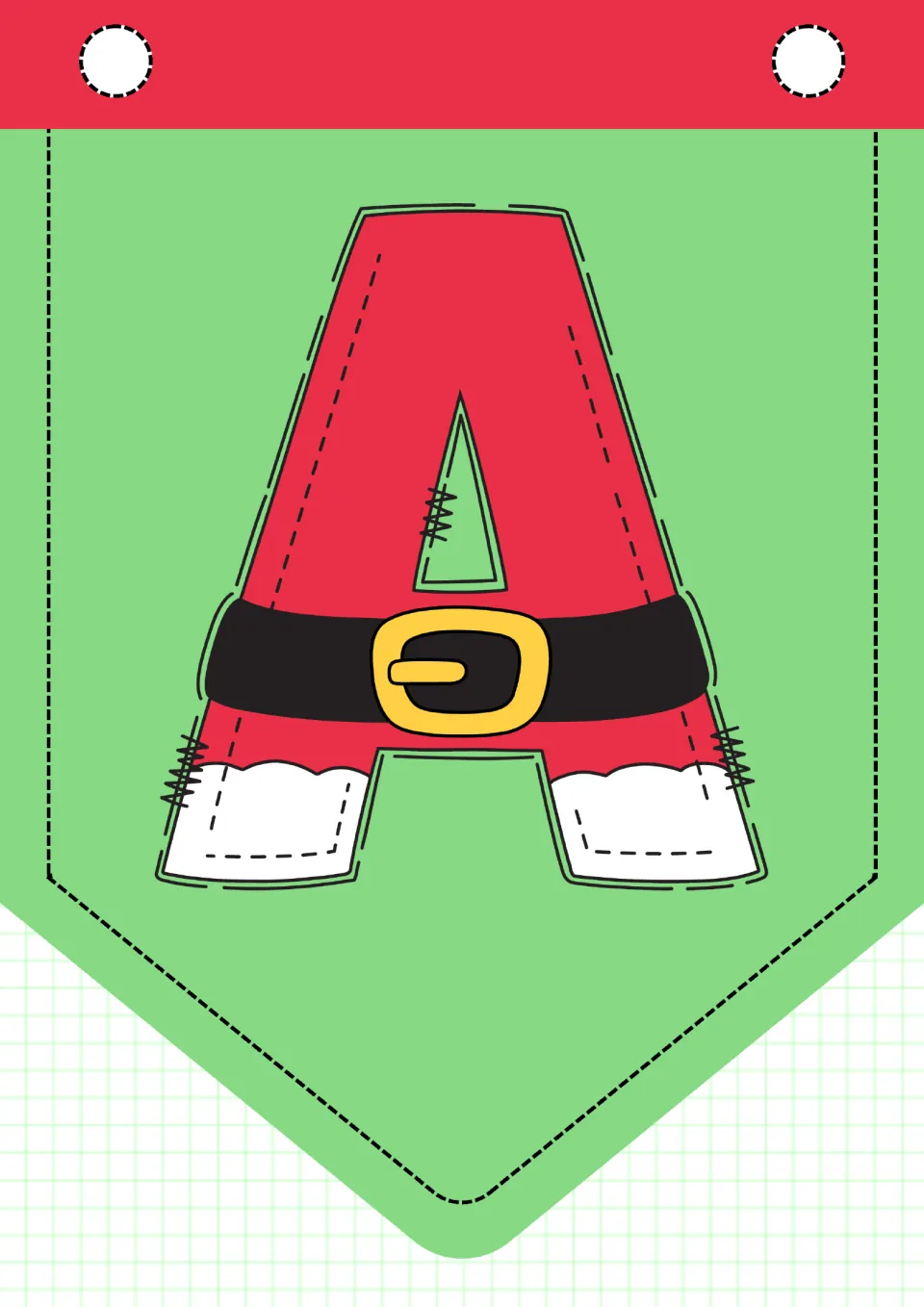 Christmas alphabet pennant A, one of 26 uppercase letter pennants for classroom decor, printed one per page