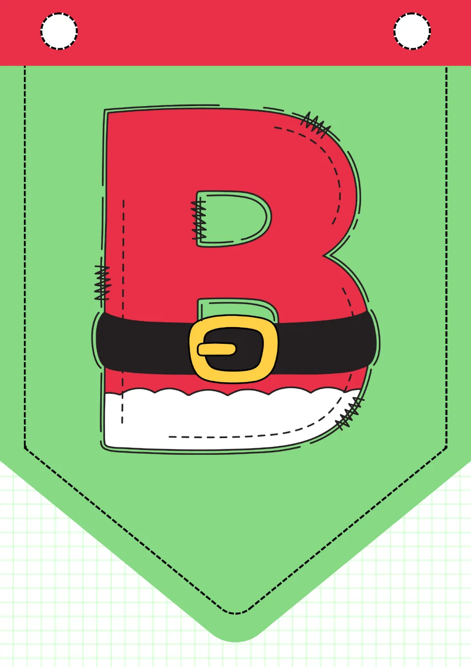 Christmas alphabet pennant B, one of 26 uppercase letter pennants for classroom decor, printed one per page