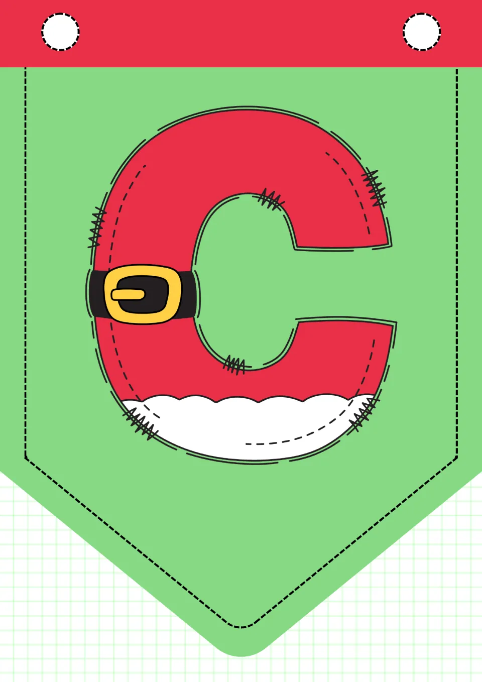 Christmas alphabet pennant C, one of 26 uppercase letter pennants for classroom decor, printed one per page
