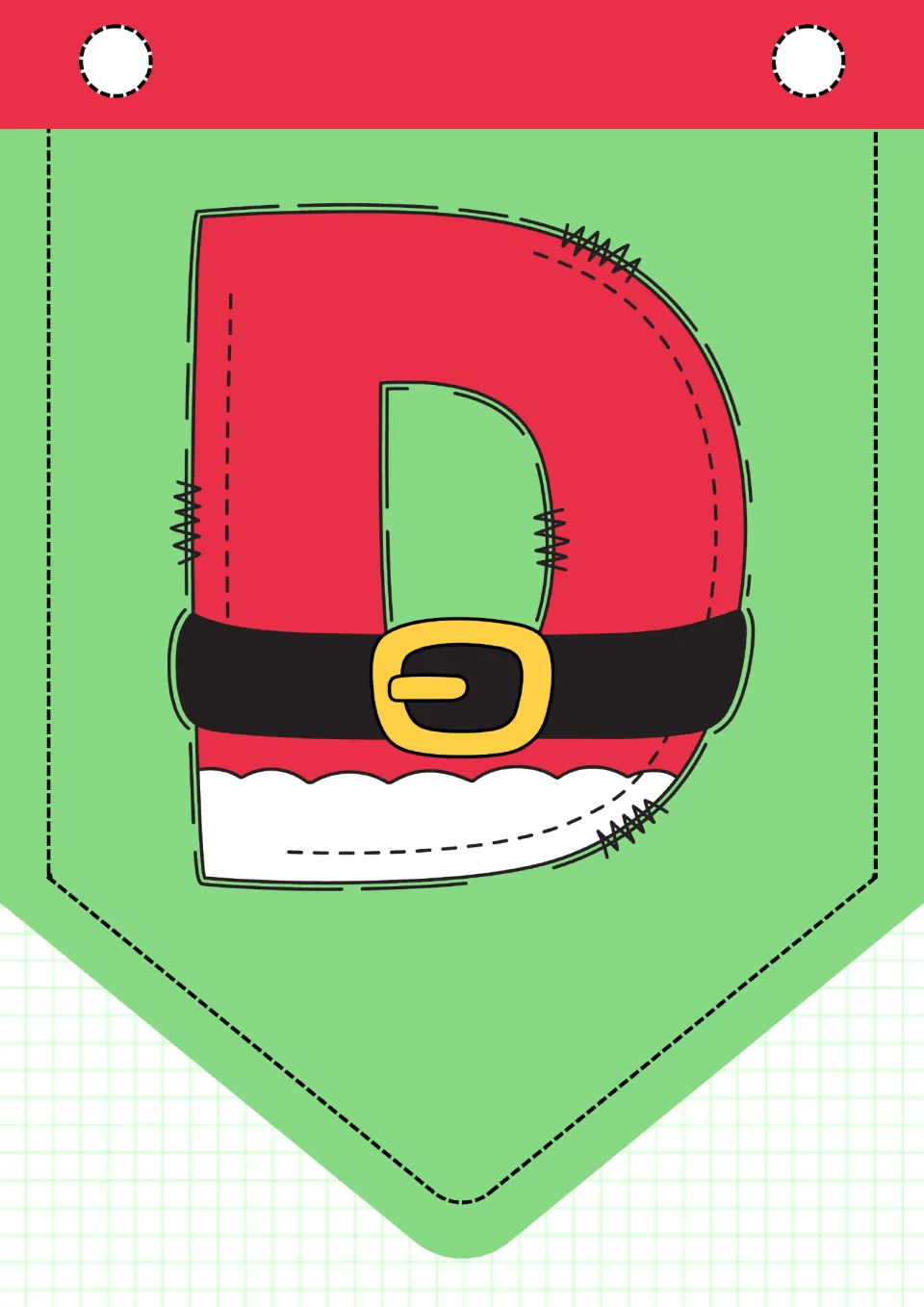 Christmas alphabet pennant D, one of 26 uppercase letter pennants for classroom decor, printed one per page