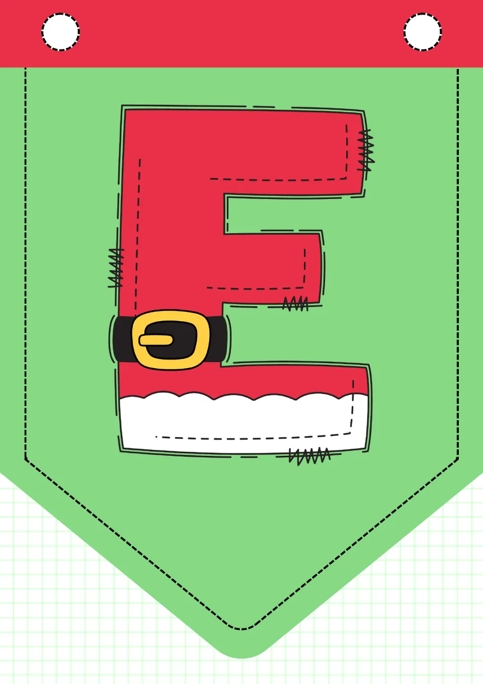 Christmas alphabet pennant E, one of 26 uppercase letter pennants for classroom decor, printed one per page