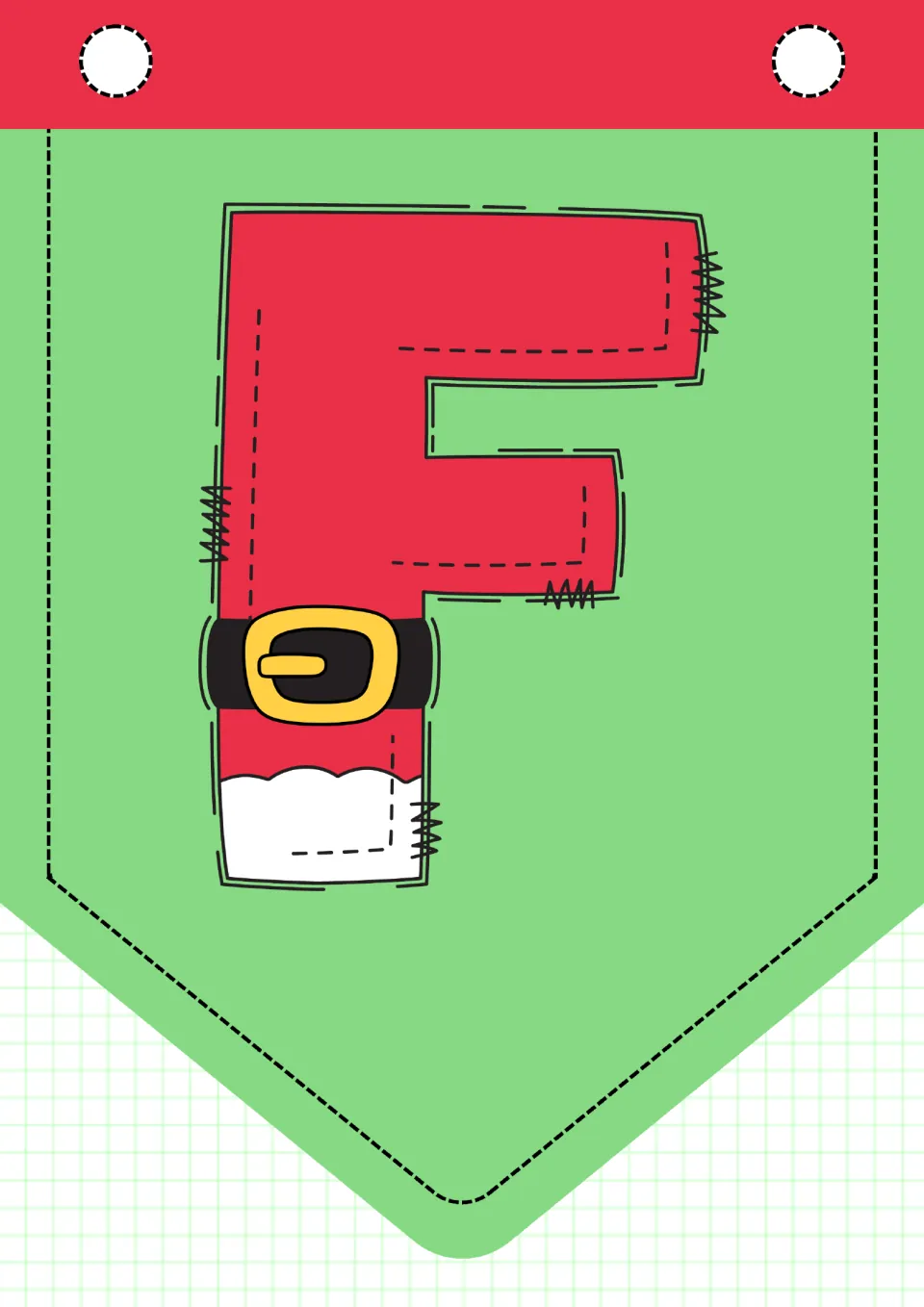 Christmas alphabet pennant F, one of 26 uppercase letter pennants for classroom decor, printed one per page