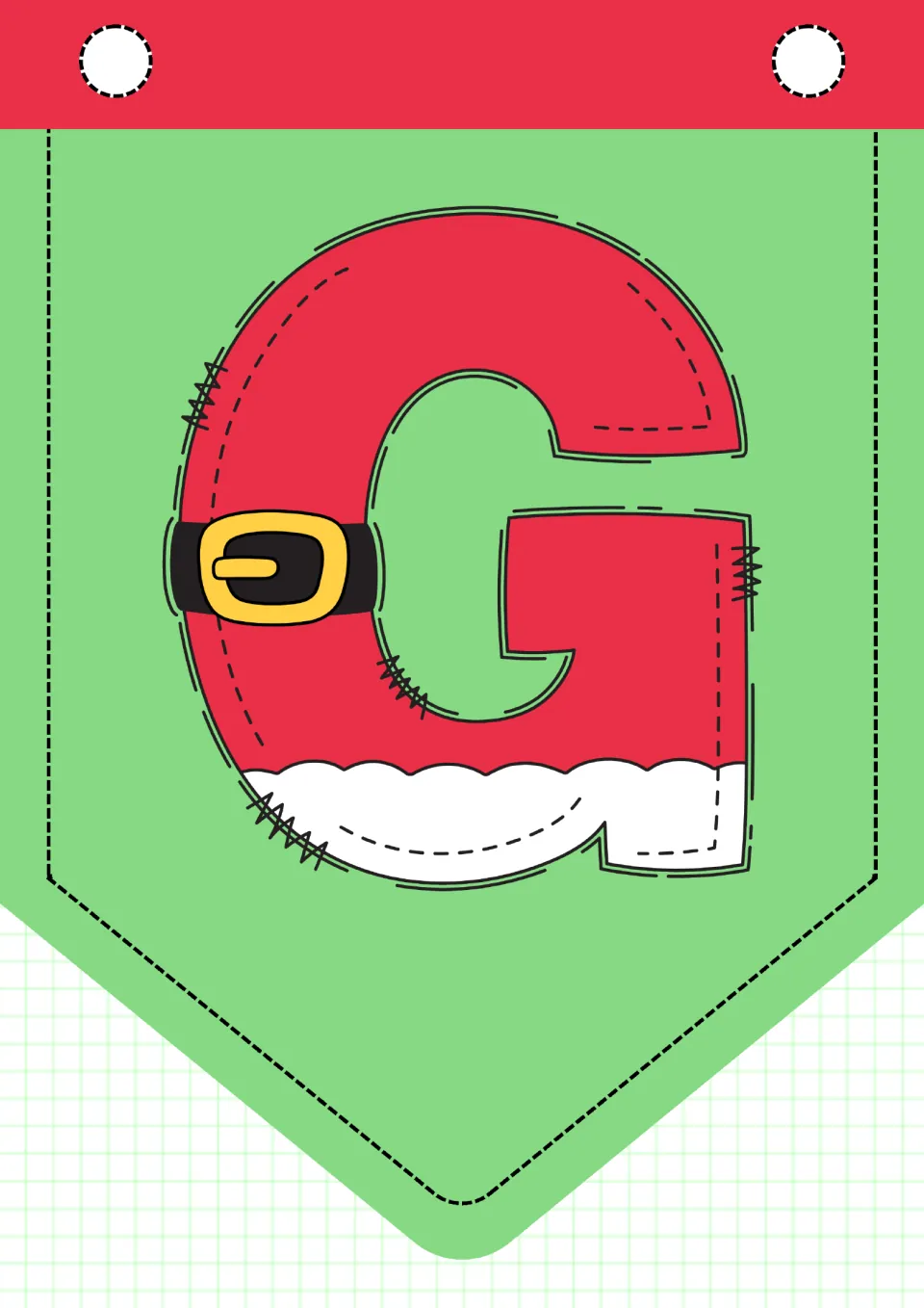 Christmas alphabet pennant G, one of 26 uppercase letter pennants for classroom decor, printed one per page