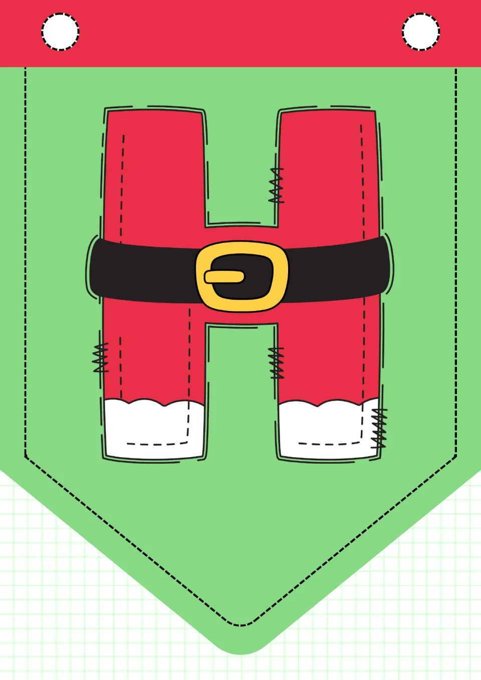 Christmas alphabet pennant H, one of 26 uppercase letter pennants for classroom decor, printed one per page
