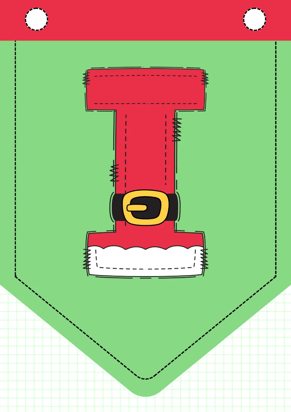 Christmas alphabet pennant I, one of 26 uppercase letter pennants for classroom decor, printed one per page