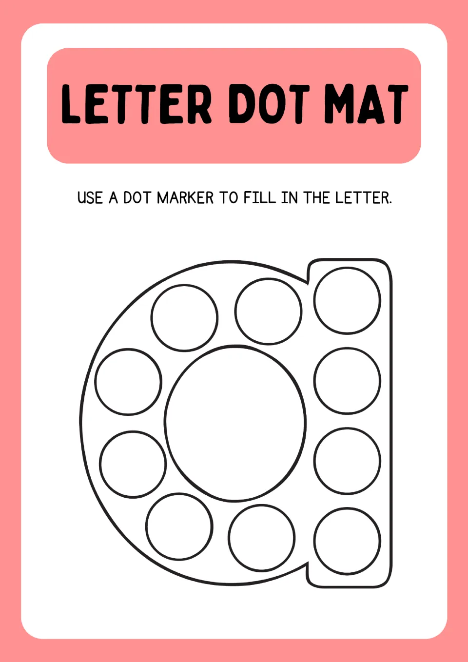 Letter Dot Mat for lowercase a: students use a dot marker to fill each circle inside the a, from its round part to its stem