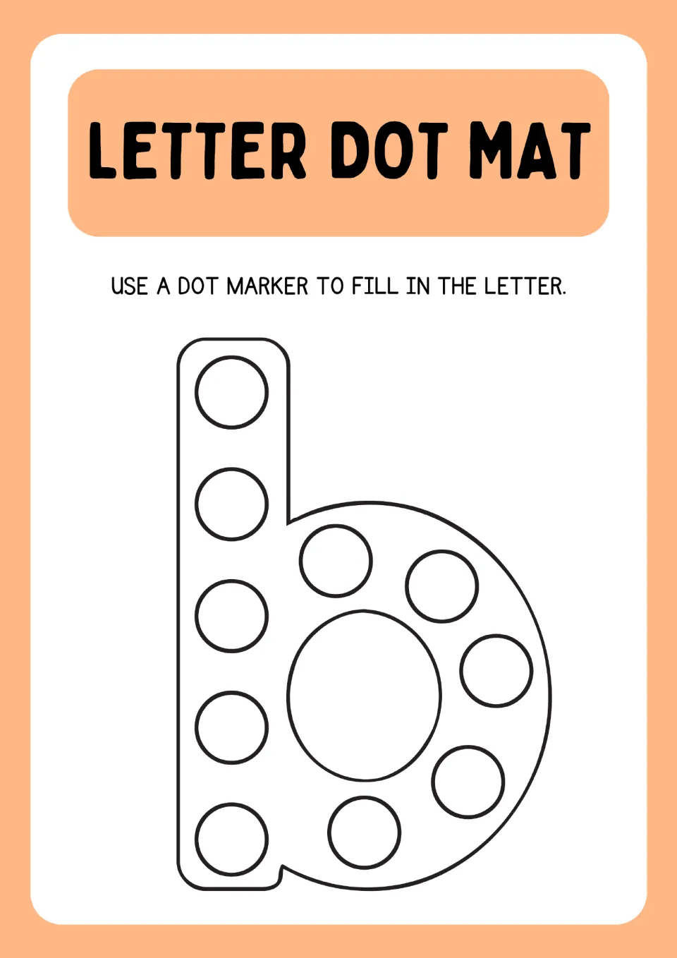 Lowercase b dot mat: children stamp a dot marker into each circle down the tall stem and around the round bowl of the b