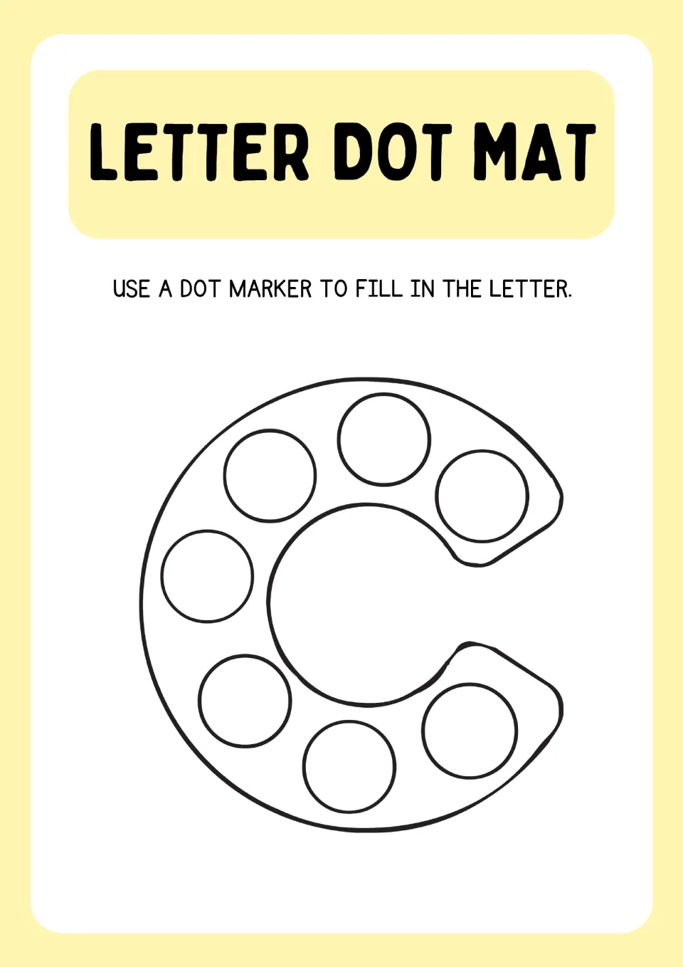 Lowercase c dot mat: students dab a dot marker in each circle around the open curve of the letter c to practise its shape