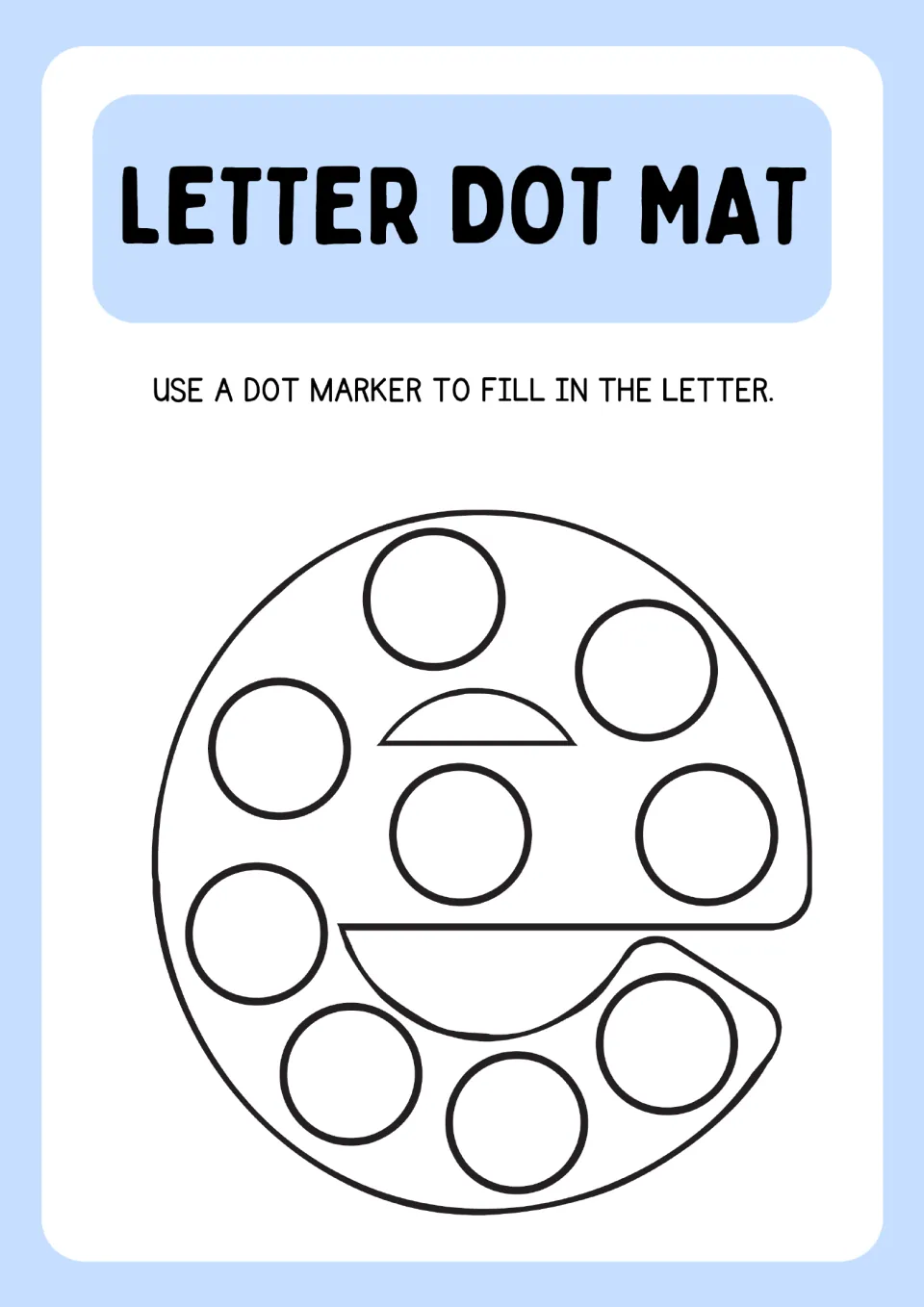 Lowercase e dot mat: students press a dot marker into each circle on the crossbar and curve of the letter e shape