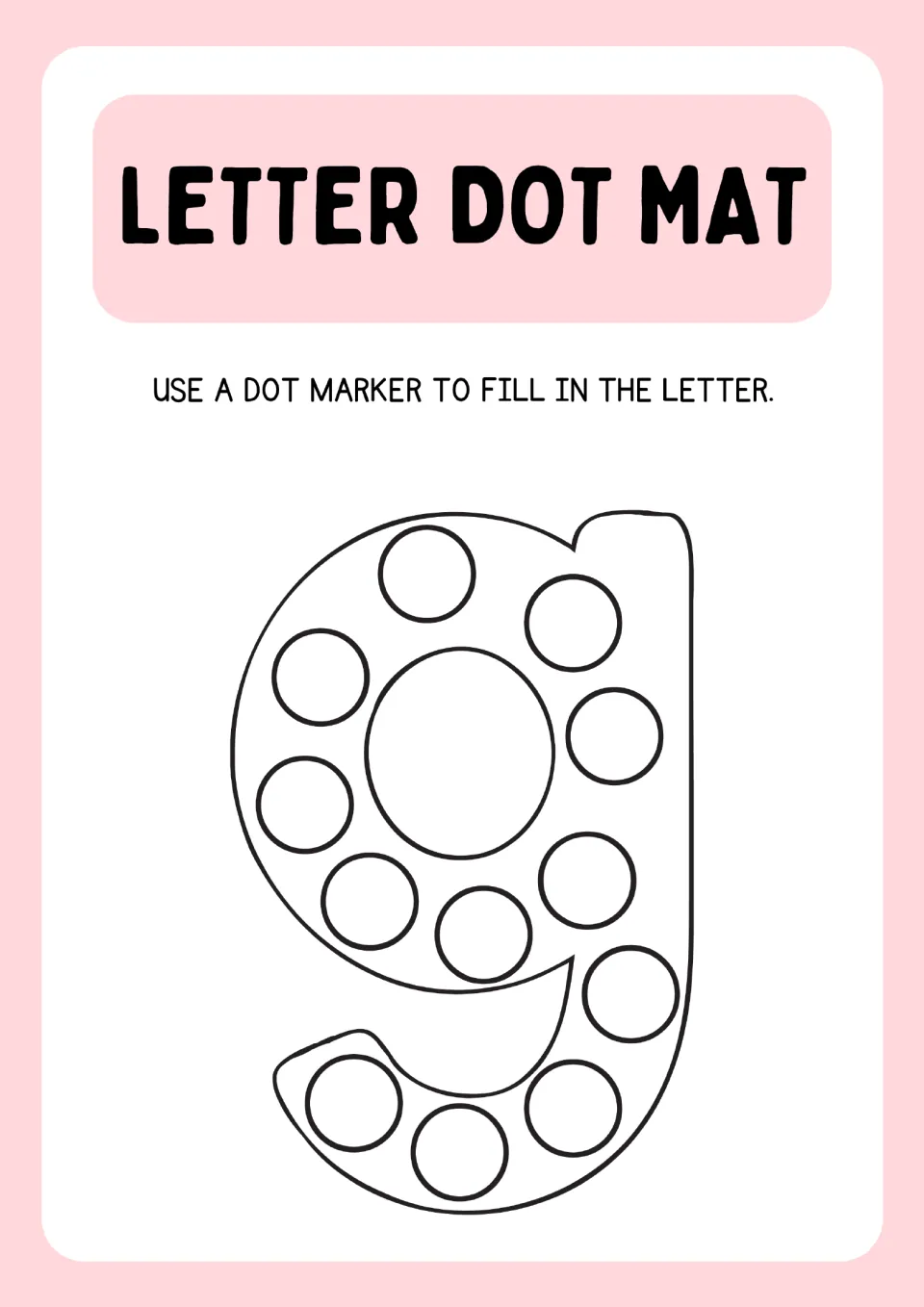 Lowercase g dot mat: students fill circles around the round top and the curved descending tail of g with a dot marker