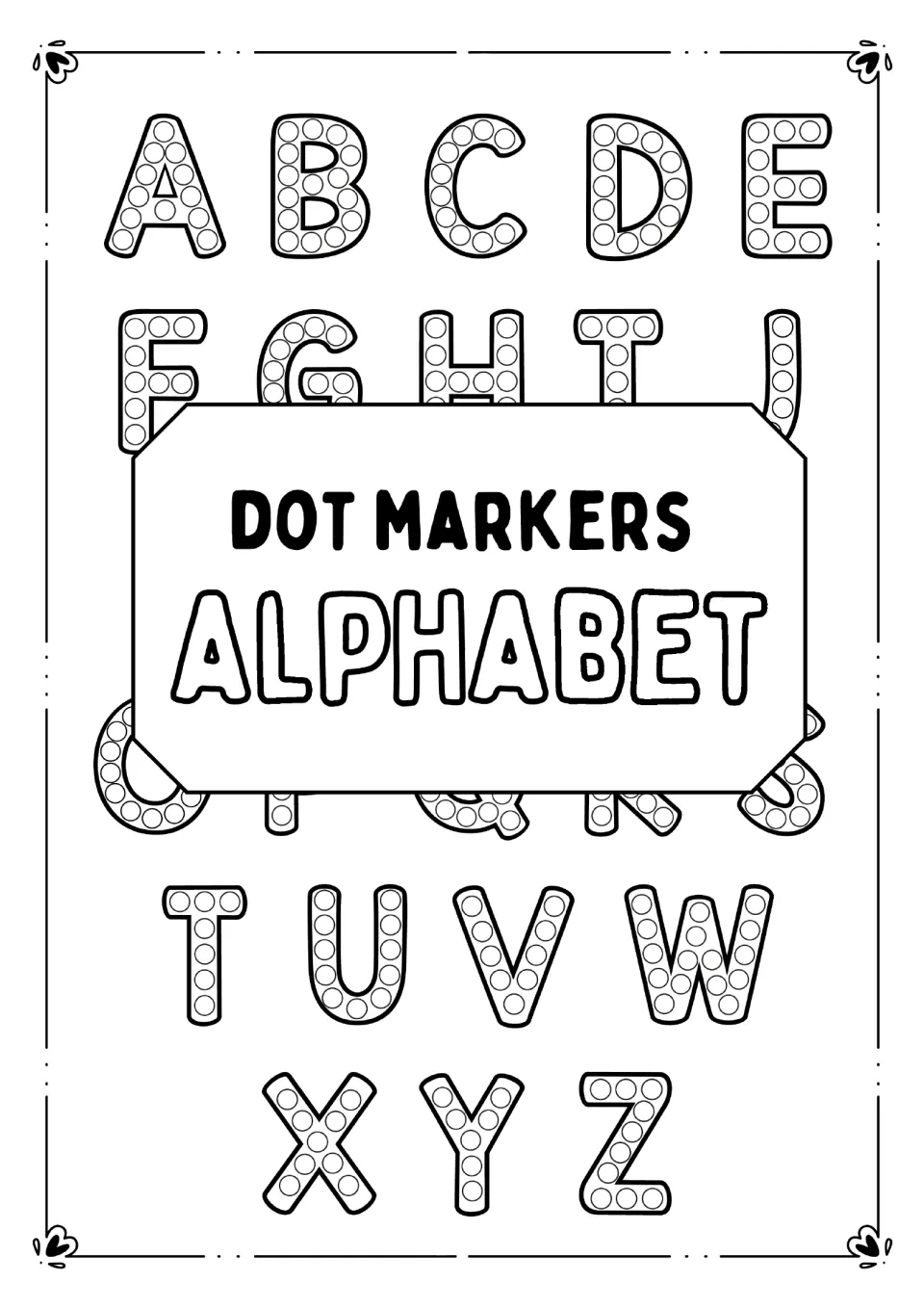 Dot Markers Alphabet title page showing bubble capital letters A to Z, each filled with circles to stamp with a marker