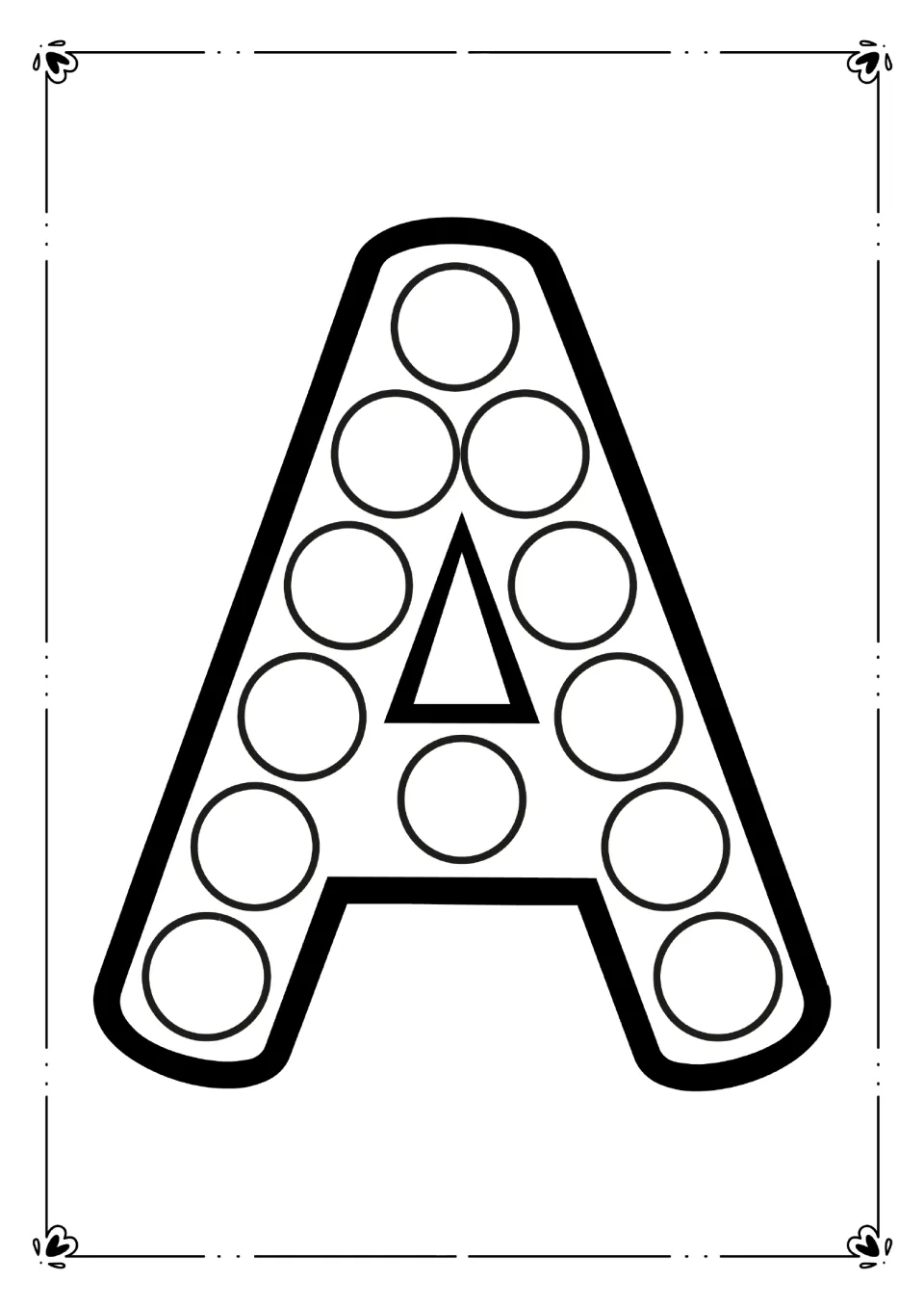 Letter A dot page: children stamp a dot marker in each circle inside a large capital A to practise letter formation