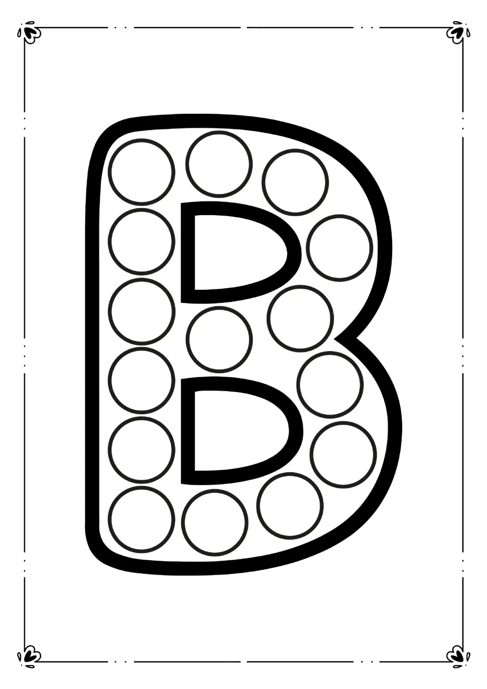 Capital B dot-marker page: students fill every circle along the straight back and two bumps of a big B, tracing its shape
