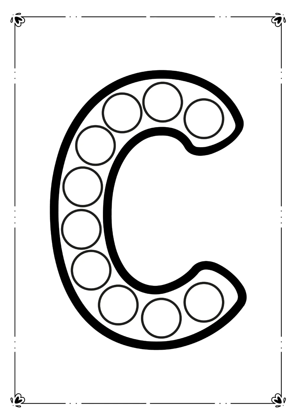 Letter C stamping page: learners press a dot into each of 10 circles following the curve of a large capital C