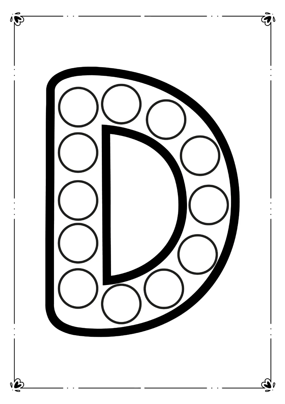 Capital D dot activity: children stamp circles down the straight side and around the curve of a large D