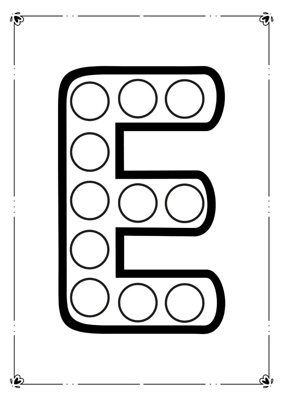 Letter E dot page: students dab a marker in 11 circles along the stem and three arms of a large capital E