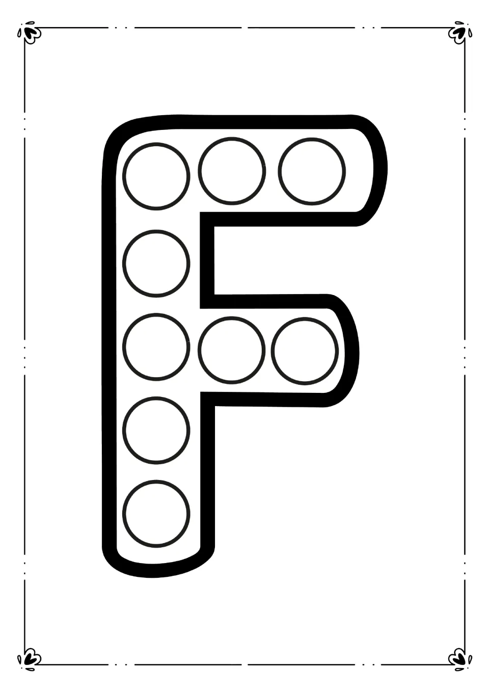Capital F stamping page: learners fill 9 circles along the tall stem and two arms of a big F