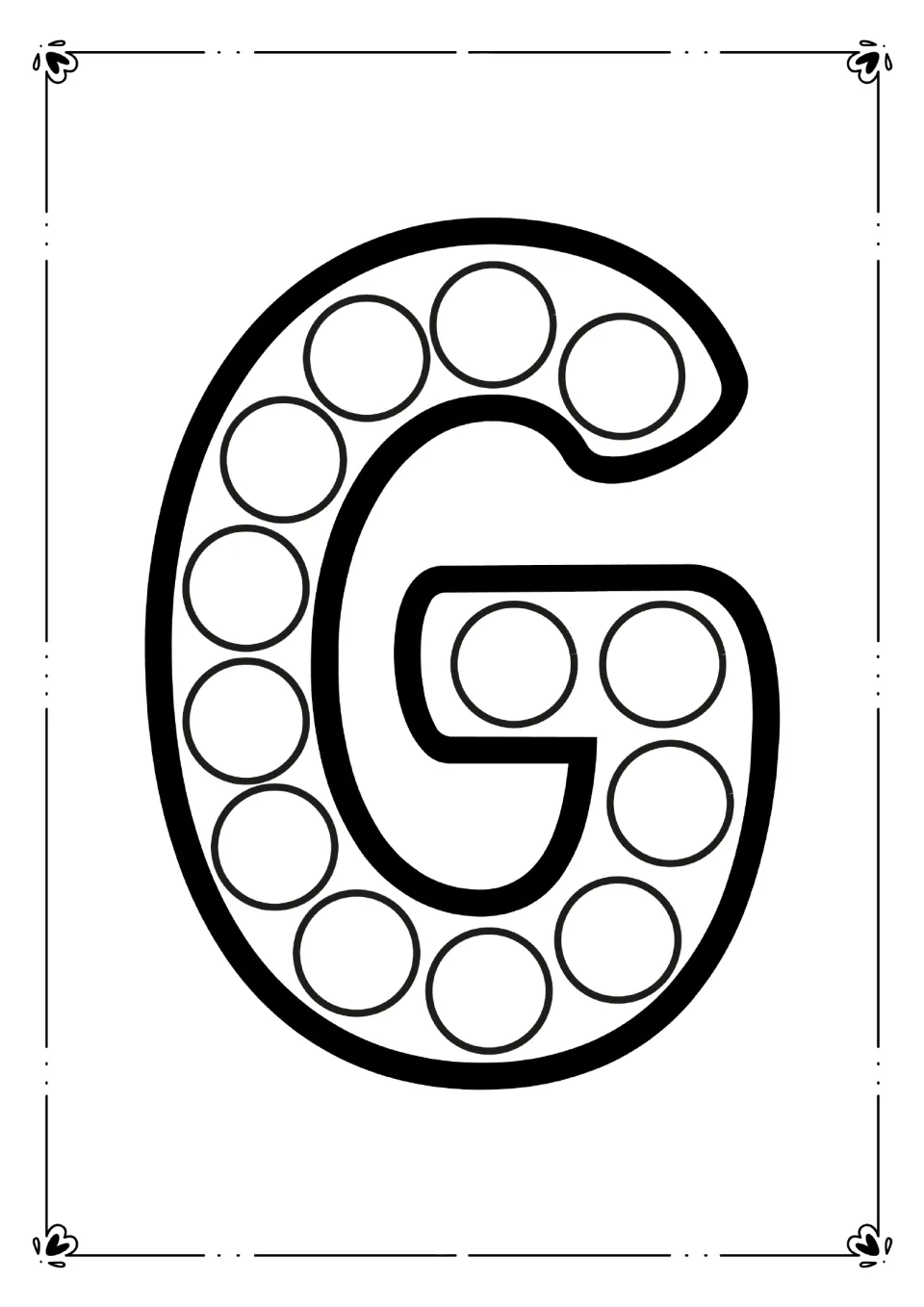 Letter G dot activity: children stamp circles around the curve and inner bar of a large capital G to practise its shape