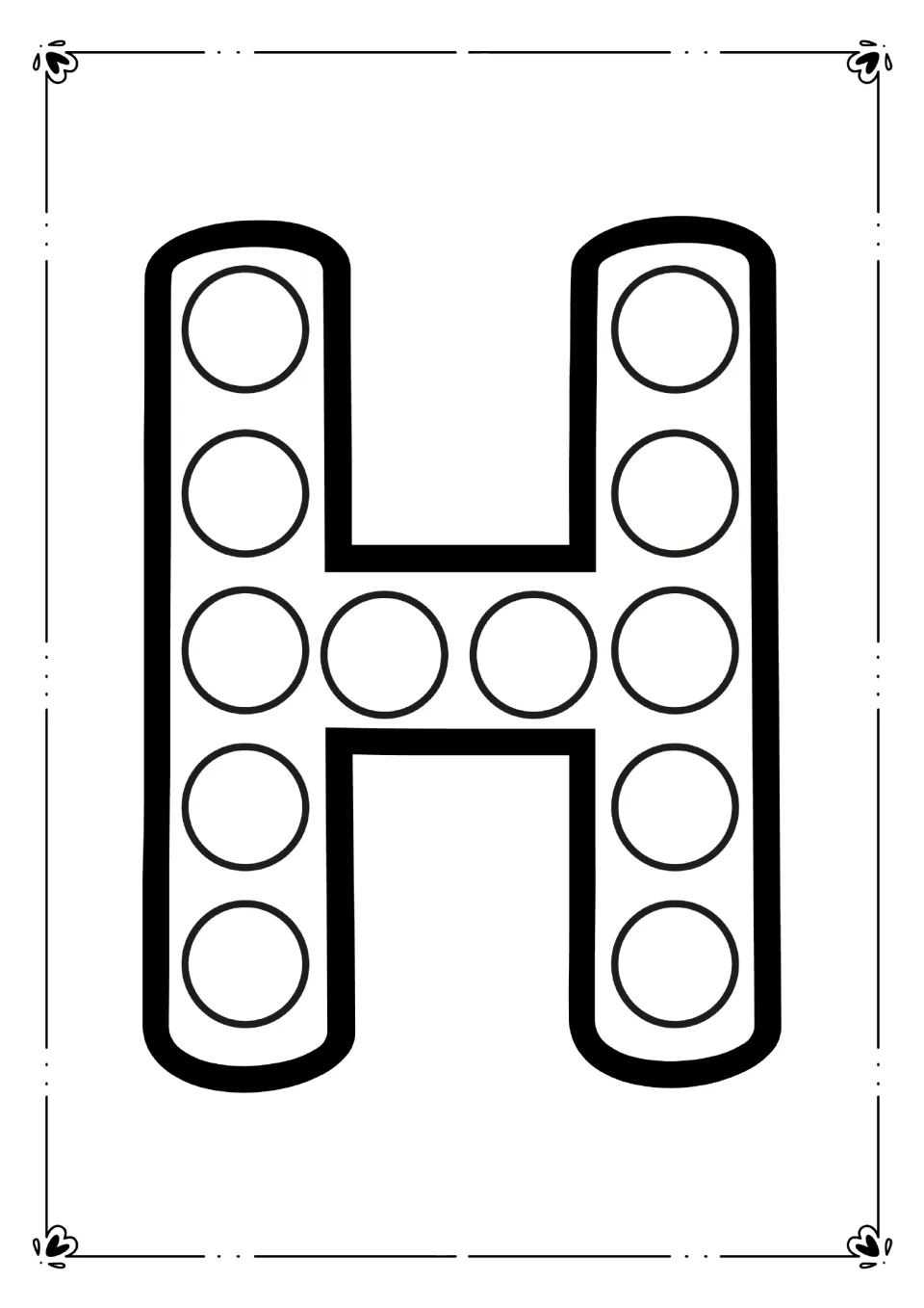 Capital H dot page: students press a marker into 12 circles down both posts and across the crossbar of a large H