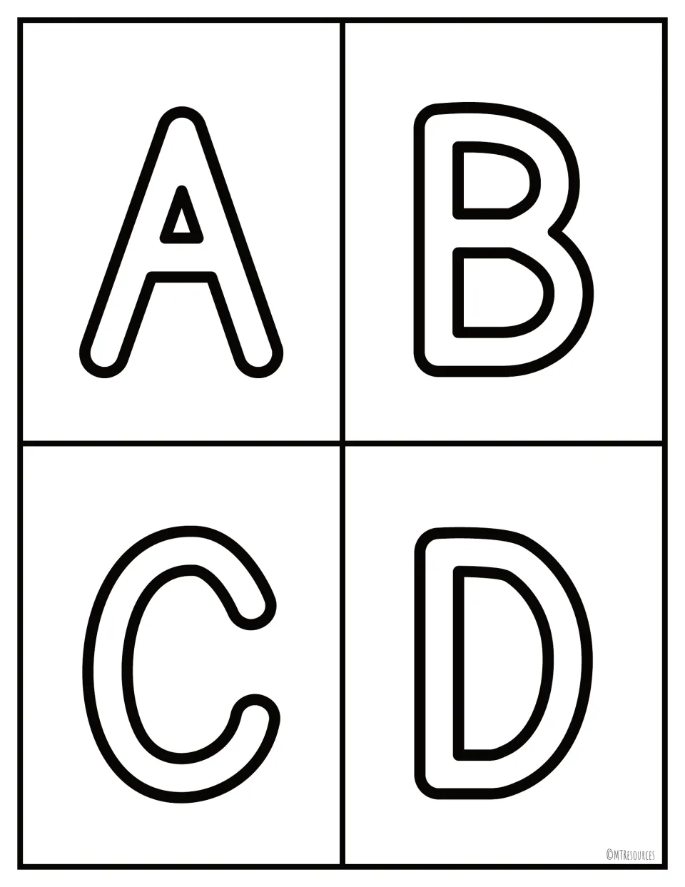 Uppercase letter flashcards A, B, C and D in bold outline print for letter recognition and naming practice
