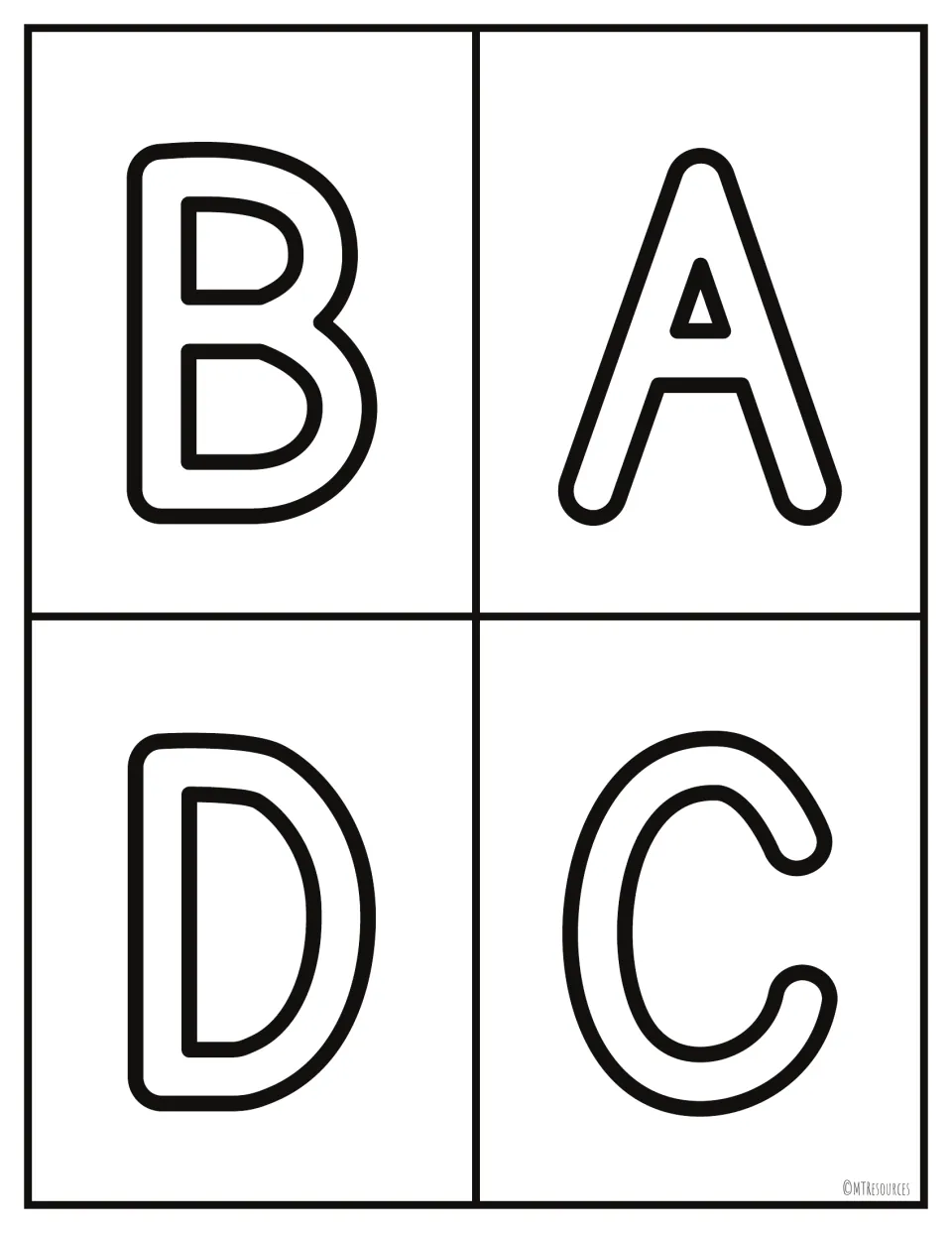 Uppercase letter cards A to D repeated in swapped order B, A, D, C, outlined for students to name aloud