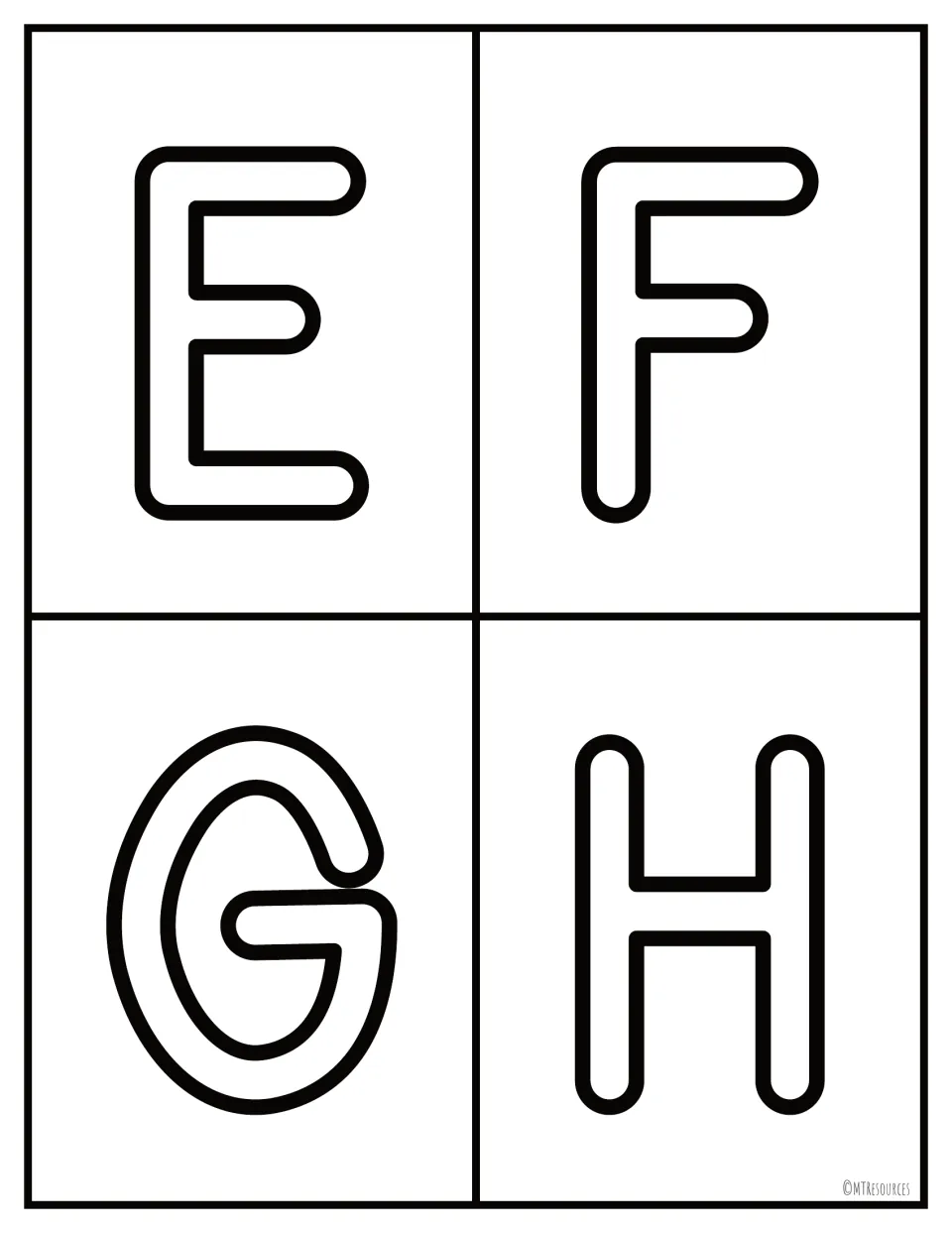 Uppercase letter flashcards E, F, G and H in bold outline print for naming letters on sight