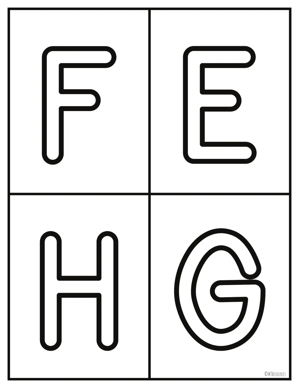 Uppercase letters E to H shown again in swapped order F, E, H, G as outline cards for letter identification practice
