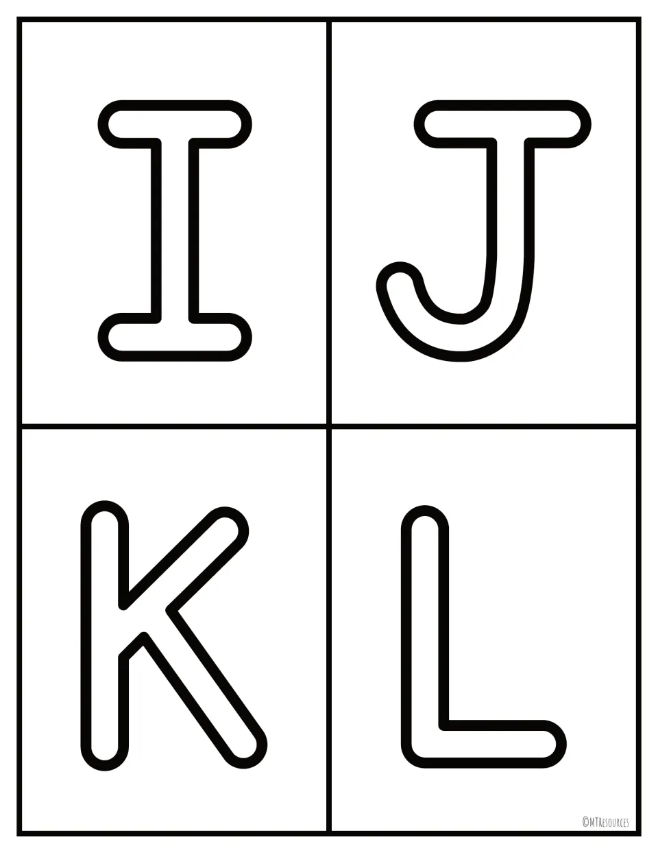 Uppercase letter flashcards I, J, K and L in bold outline print for quick naming of capital letters