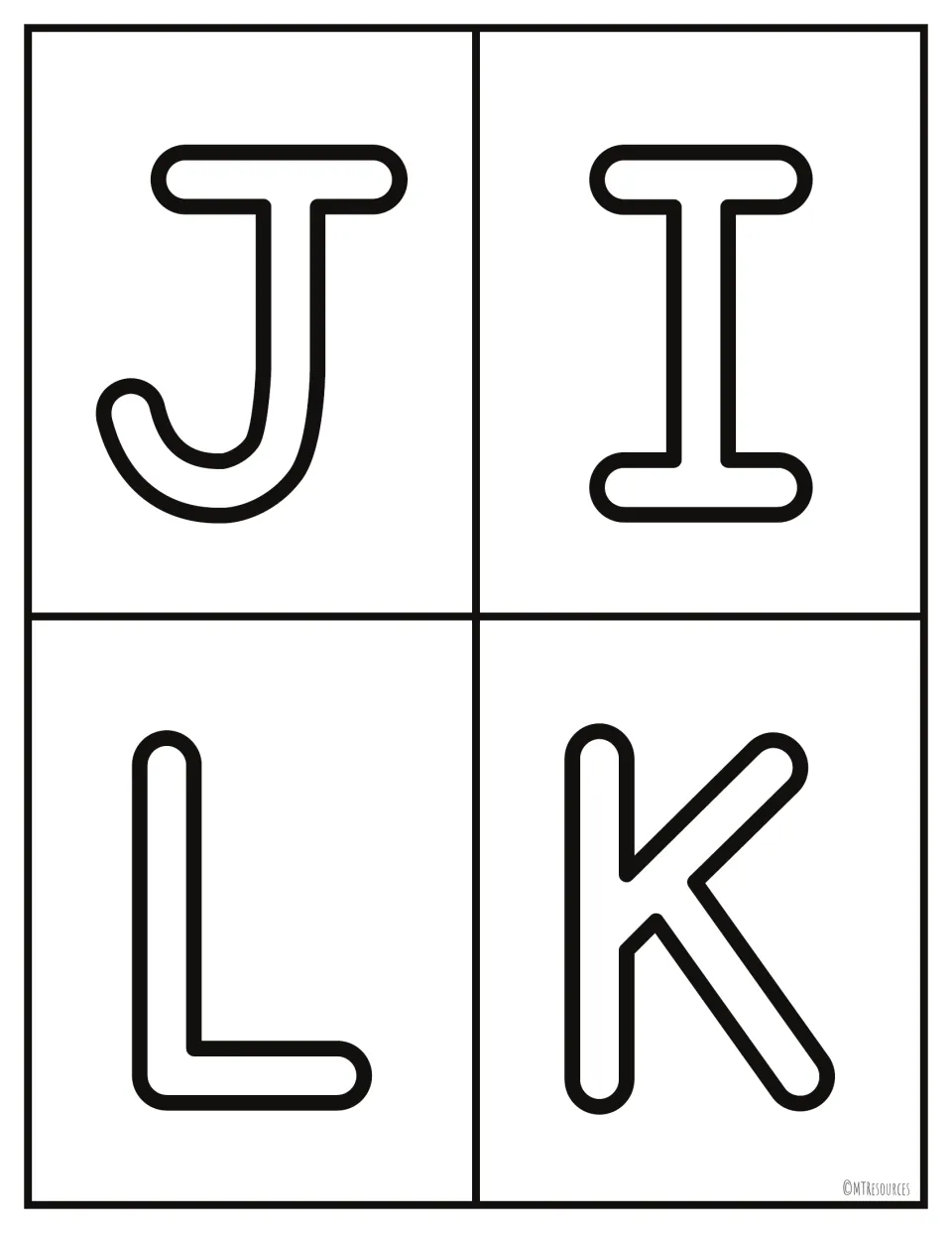 Uppercase letters I to L repeated in swapped order J, I, L, K as outline cards for recognizing letters out of sequence