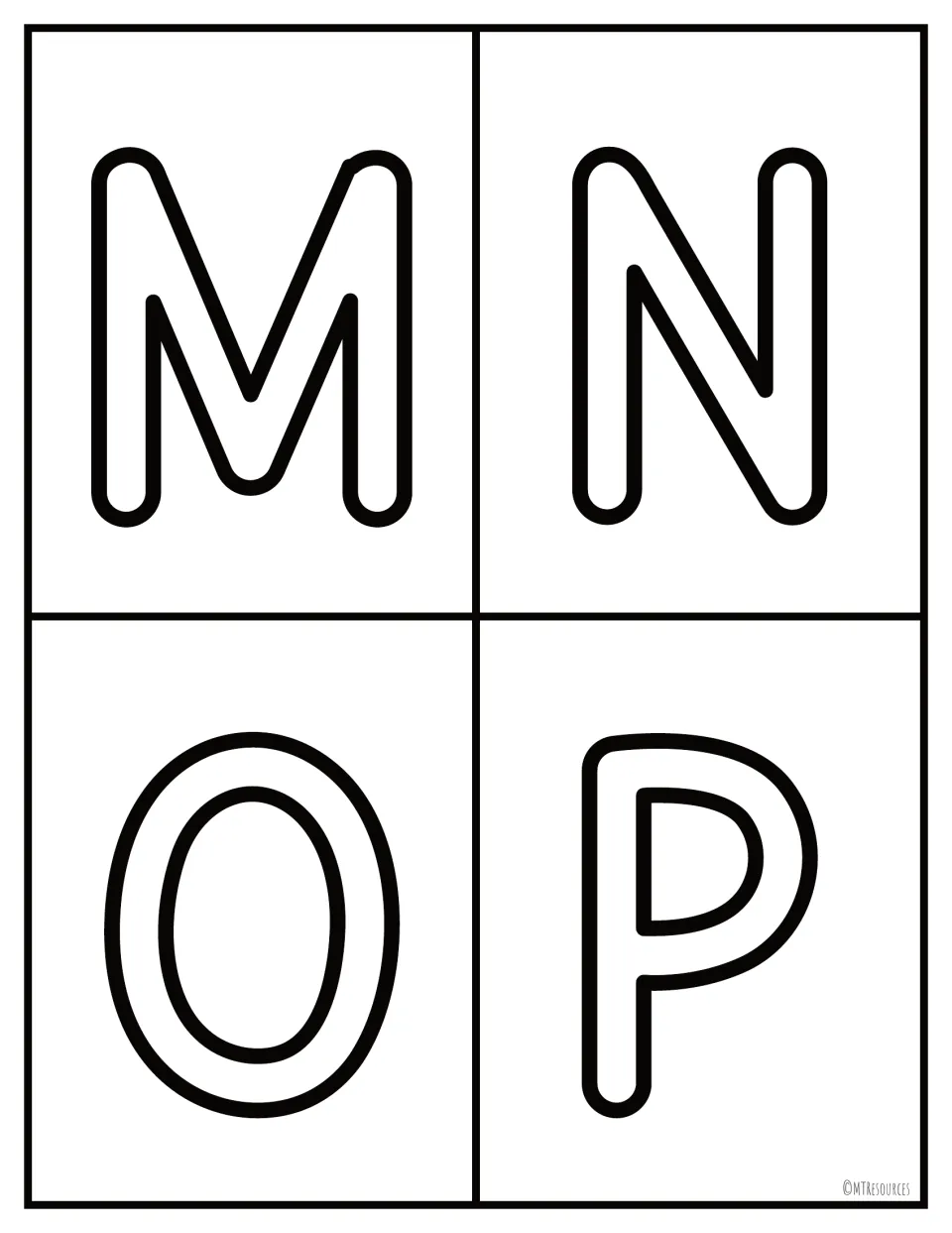 Uppercase letter flashcards M, N, O and P in bold outline print for letter naming and telling similar shapes apart
